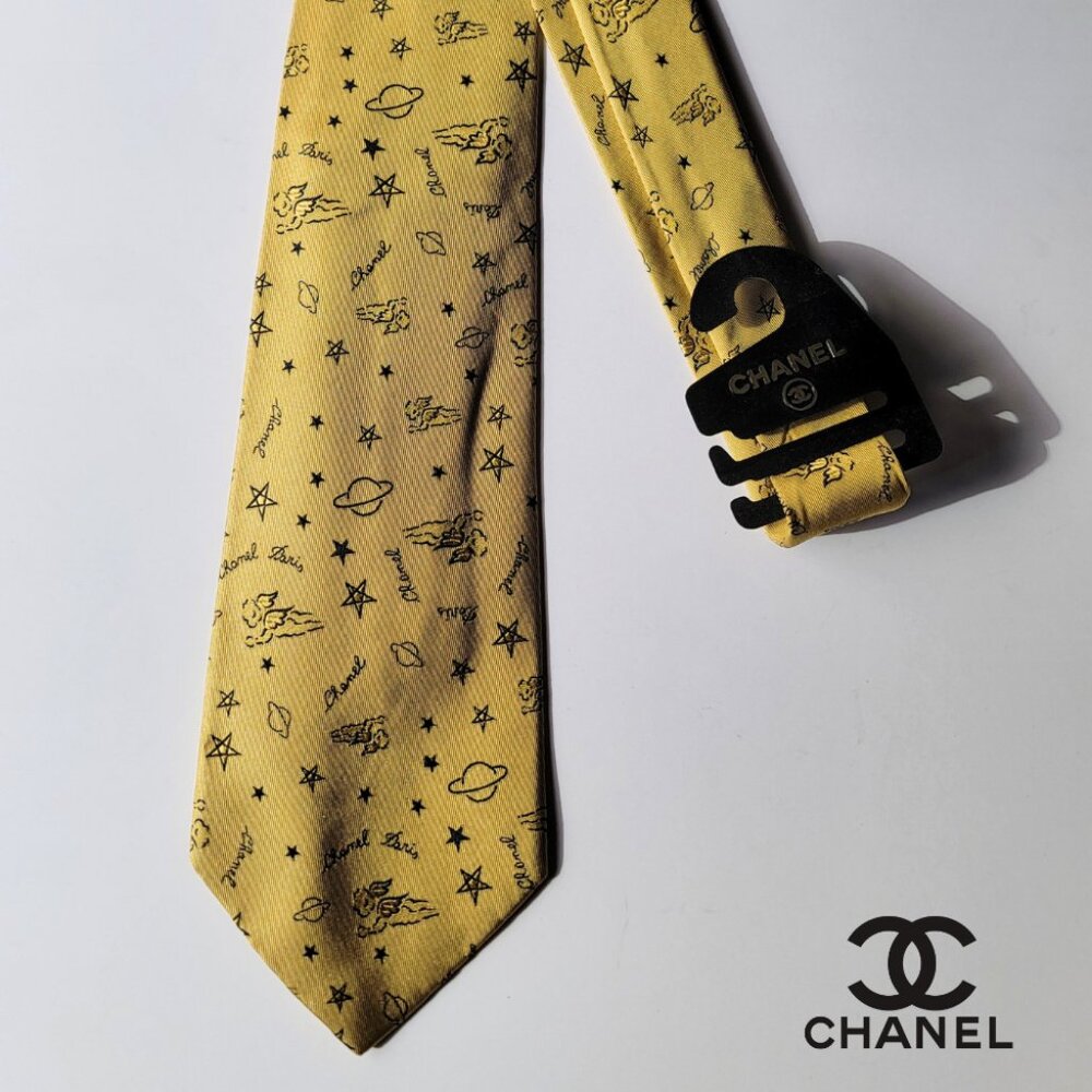 CHANEL Men's Vintage Tie 100% Silk Made in Italy yellow stars & planets CHANELs